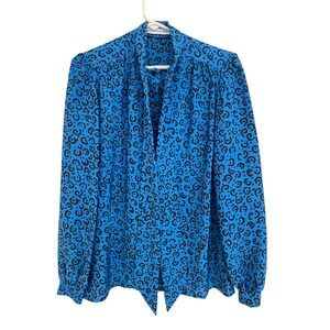 Jessica Ltd Button Up Blouse Blue Animal Print Womens Size M Long Sleeve Vintage